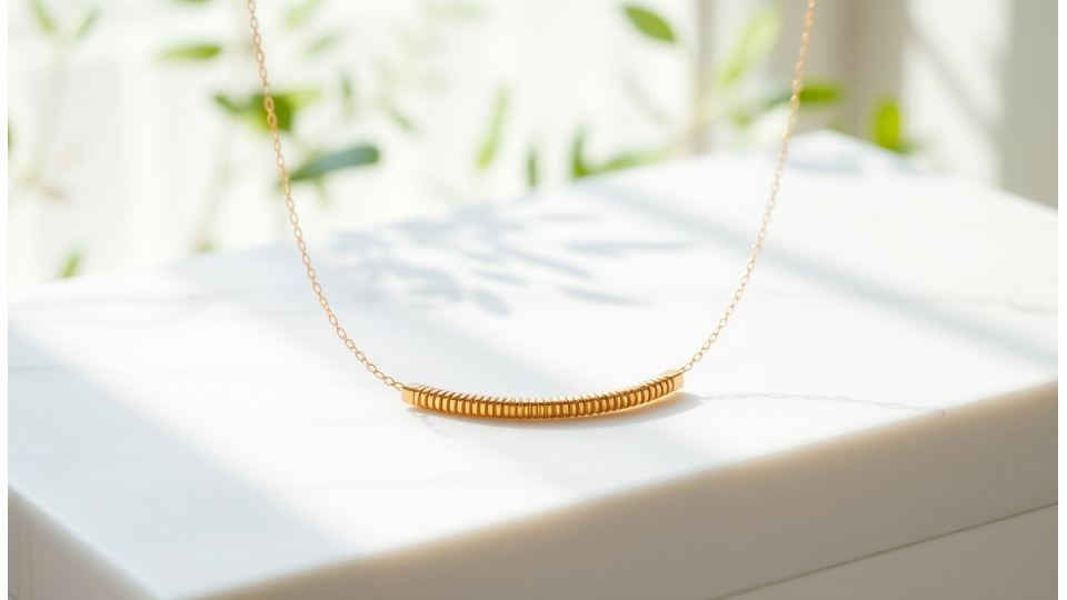 Yatay çizgi motifli altın kolye ile minimal bir tarz Yatay çizgi motifli altın kolye ile minimal bir tarz